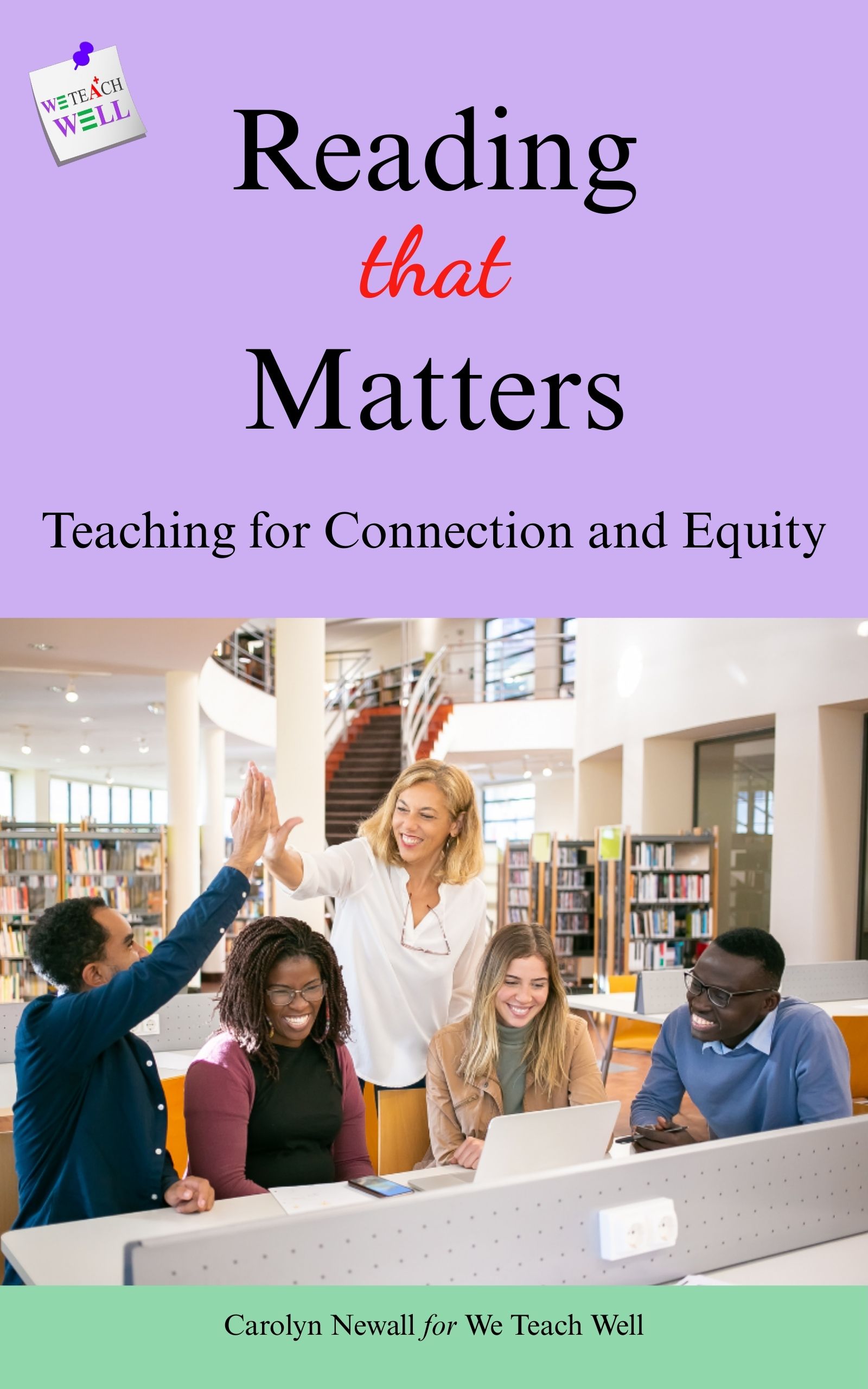 The front cover of a book showing a teacher and students of diverse nationalities in a school library.