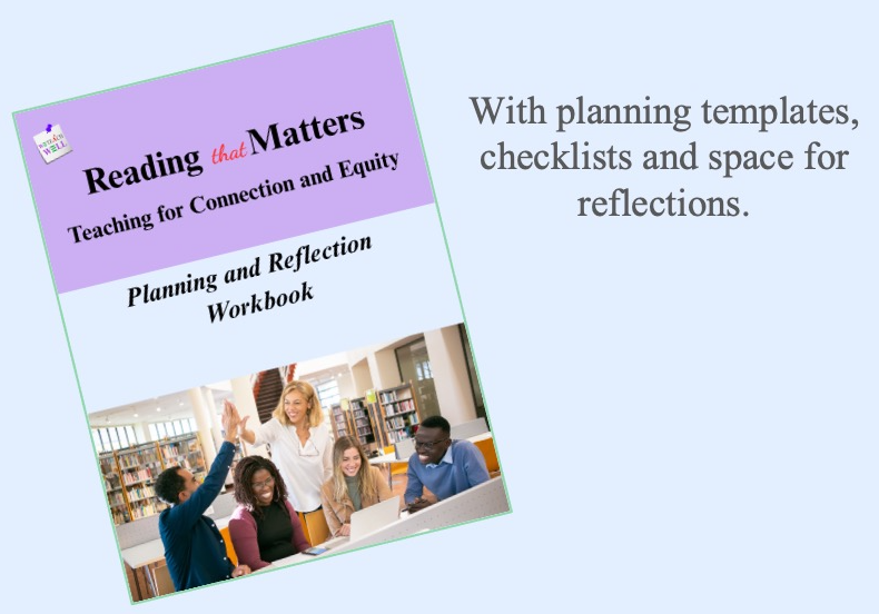 The cover of a planning and reflection workboak that is a companion to the eBook. It has the same colours as rthe ebook and the same image of a teacher and a diverse group of students.